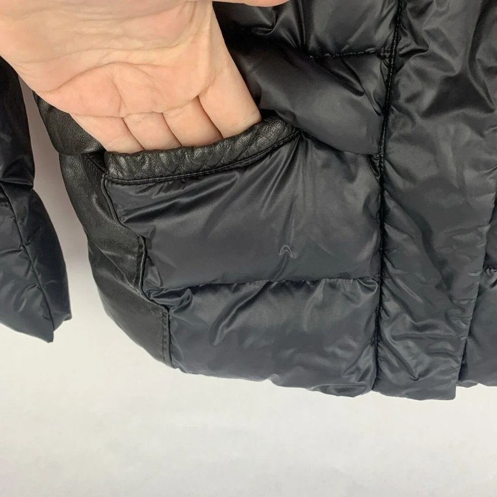 Womens Down Puffer Jacket Size Small Nylon Leather Hooded Black Chic Minimalist